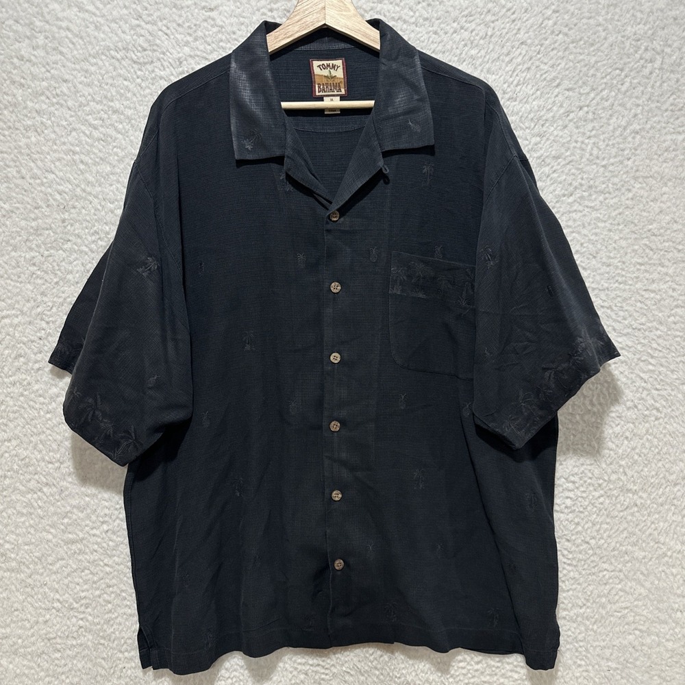 Tommy Bahama‎ Men's XL Black Button Up Shirt Embroidered Palm Trees Short Sleeve
